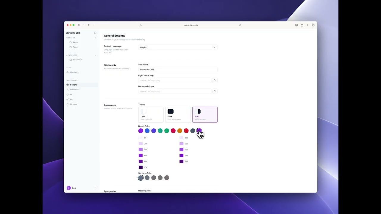 Elements CMS Theme Settings