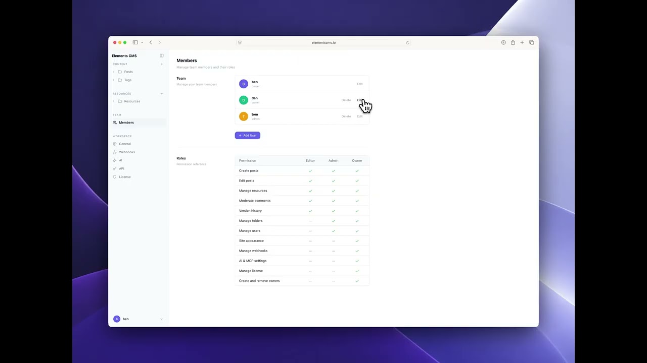 Elements CMS User management