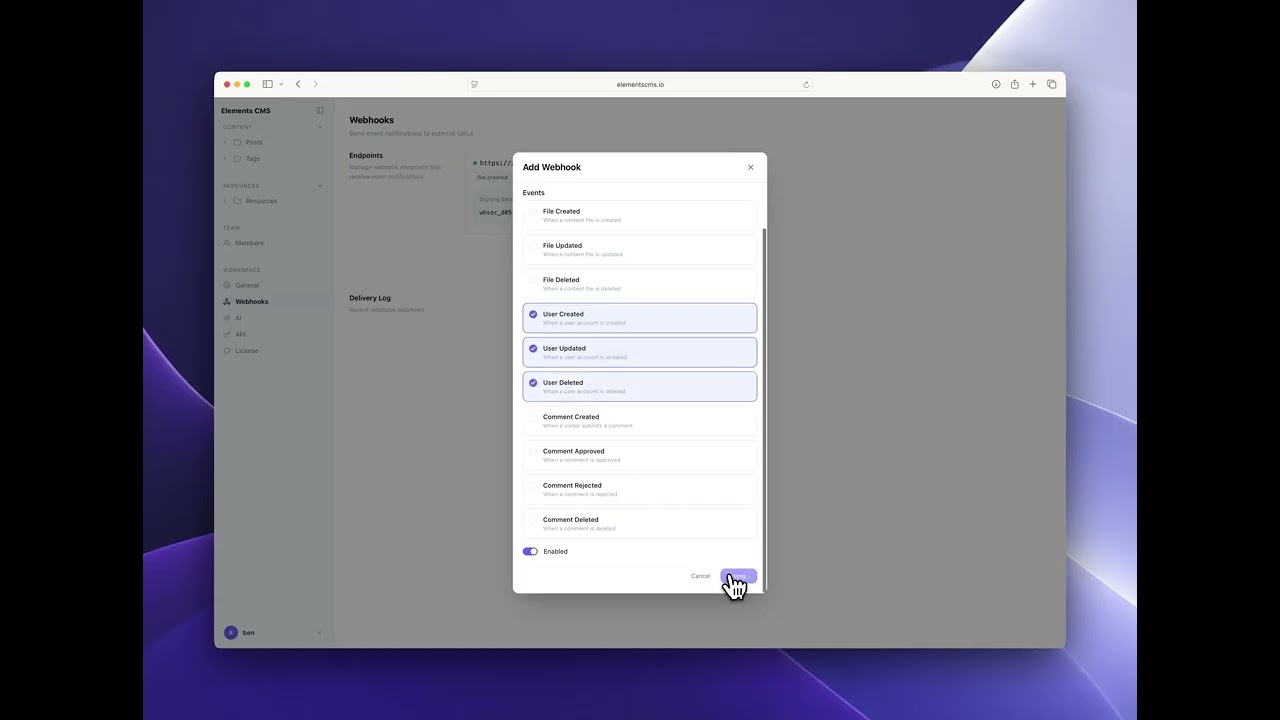 Elements CMS Webhooks